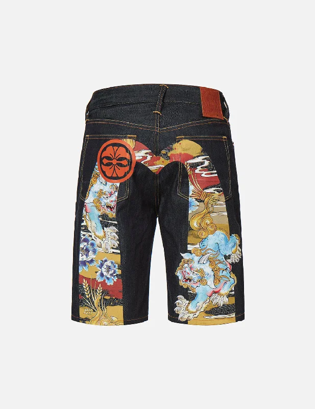 Casual Shorts-Vintage Komainu Painting Daicock Print Denim Shorts