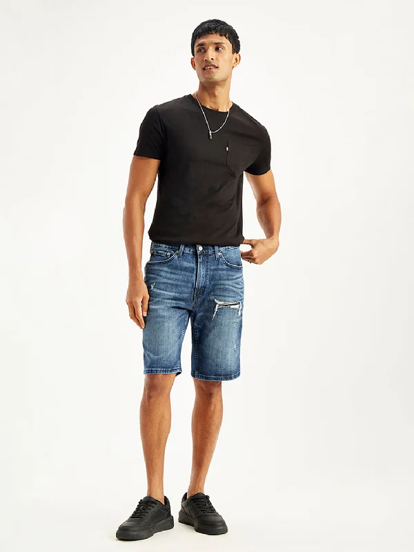 Classic Bermuda Shorts-Men's Blue Tapered Denim Shorts