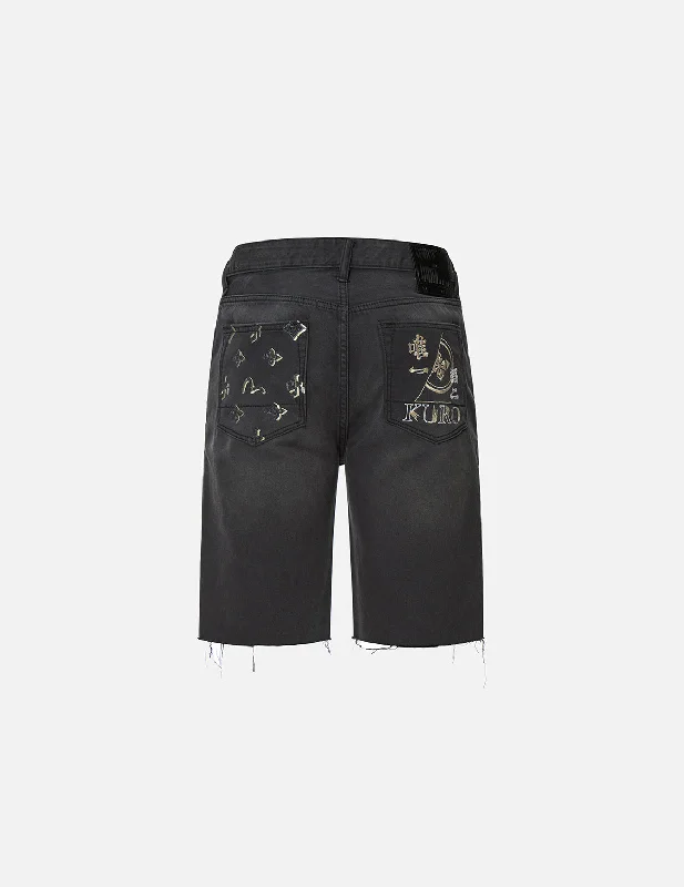 Safari Shorts-Monogram Embroidered Pocket Denim Shorts