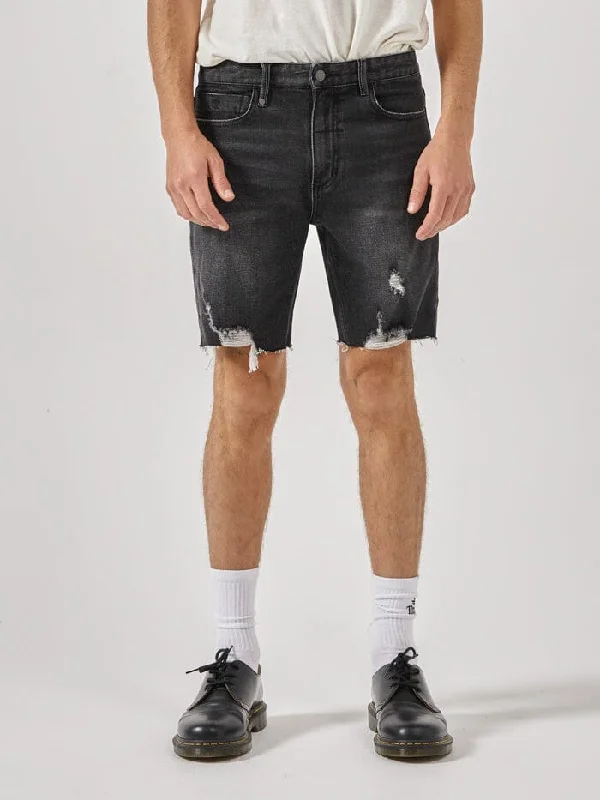 Eco-Friendly Beach Shorts-Destroyed Bones Denim Short - Smoke Black