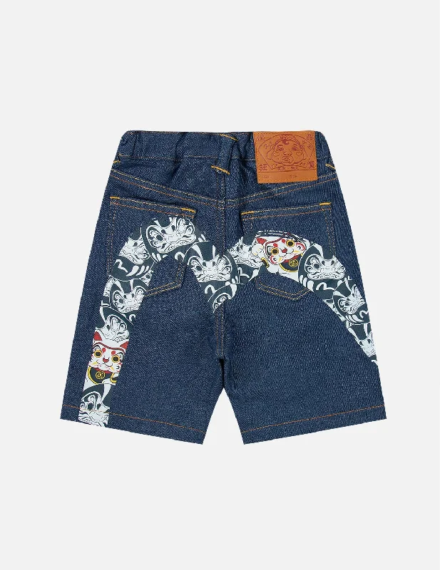 Trendy Denim Shorts-Daruma Buddies Daicock Print Denim Shorts